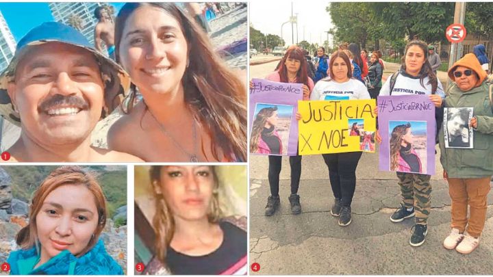 Víctimas. La maestra jardinera Carla Janet Del Souc (1) con su asesino; la enfermera Yohana Nidia Rojas (2) y Karina Muñoz (3). Foto 4: el pedido de justicia por Noelia Moyano.