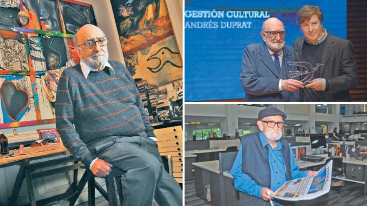 Álbum. Yuyo Noé en su atelier (izq.). En marzo de 2025, visitó la redacción de PERFIL, diario del que era lector. Con Andrés Duprat en Premios Perfil 2019.