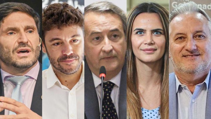 En campaña. Maximiliano Pullaro (UCR(, Juan Monteverde (PJ), Nicolás Mayoraz (LLA), Amalia Granata (LLA) y Marcelo Lewandowski (PJ).