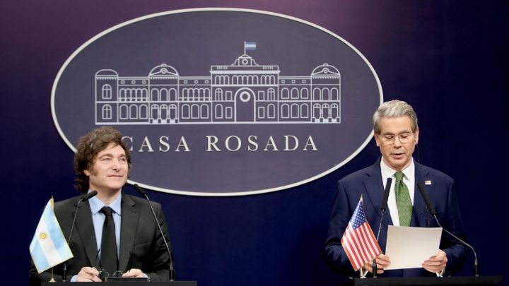 Picture released by the Presidency press office shows US Treasury Secretary Scott Bessent speaking next to Argentina's President Javier Milei during a joint statement at the Casa Rosada in Buenos Aires on April 14, 2025. 