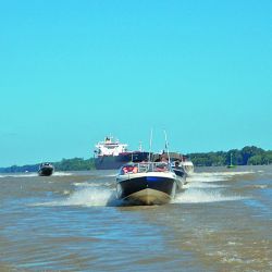 En grupo navegando por el río Paraná: todos alineados para no molestarse con las olas producidas.