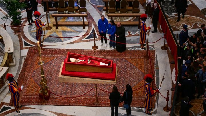 The body of Pope Francis lies in state inside St. Peter’s Basilica in The Vatican, on April 23, 2025.
