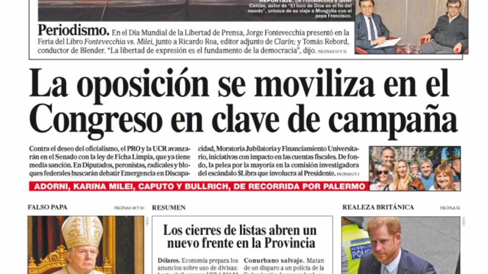 Tapa diario PERFIL domingo 3 de mayo de 2025. 