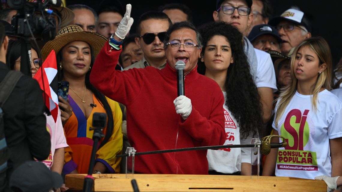Colombia's President Gustavo Petro speaks next to the sword of Liberator Simón Bolívar during a May Day (Labour Day) rally, marking International Workers' Day, and in defence of his government reforms in Bogotá on May 1, 2025.