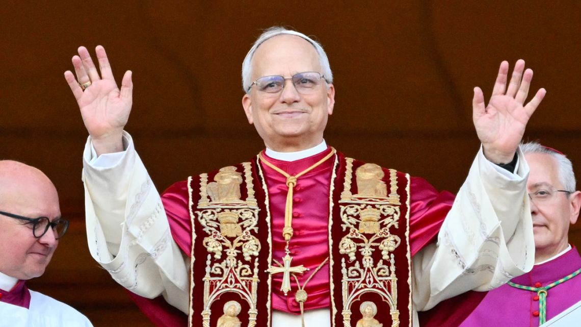 Newly elected Pope Leo XIV, Robert Prevost arrives on the main central loggia balcony of the St Peter's Basilica for the first time, after the cardinals ended the conclave, in The Vatican, on May 8, 2025.