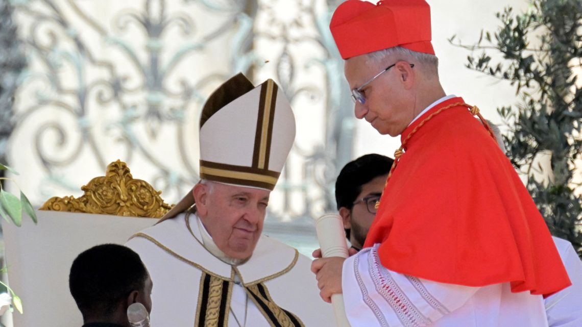 Pope Francis elevates to cardinal US prefect of the Dicastery for Bishops Robert Francis Prevost during a consistory to create 21 new cardinals at St. Peter's square in The Vatican on September 30, 2023. 