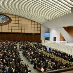 Esta fotografía muestra una vista general de una audiencia con representantes de los medios de comunicación por parte del Papa León XIV, en el Aula Pablo VI del Vaticano. | Foto:ALBERTO PIZZOLI / AFP
