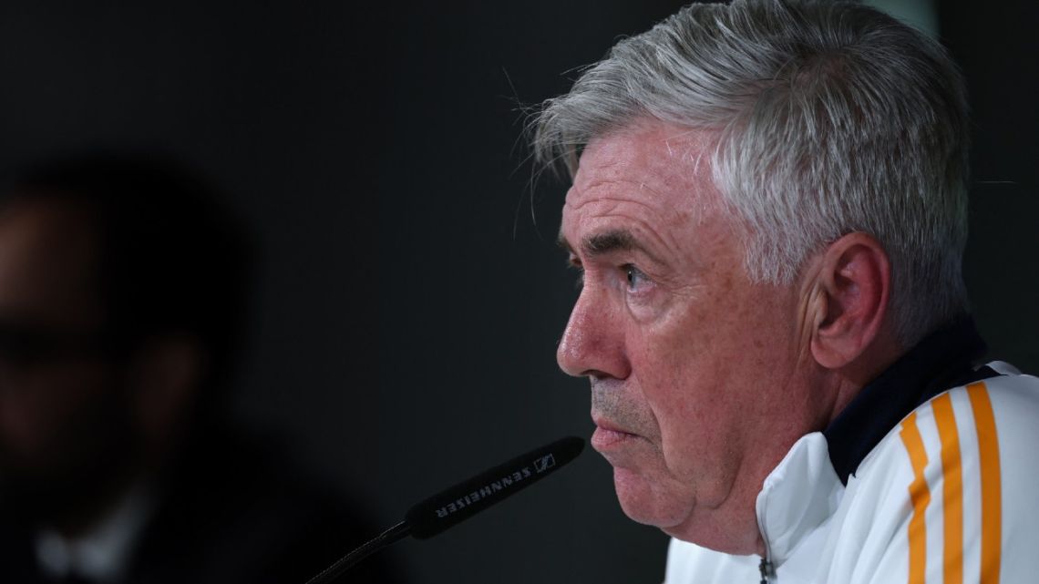 Real Madrid’s Italian coach Carlo Ancelotti gives a press conference at Real Madrid Sports City in Valdebebas ahead of their Liga football match against Mallorca, in Madrid on May 13, 2025. 