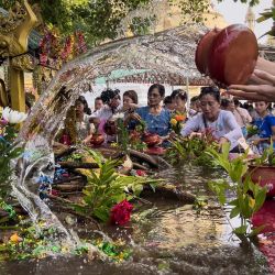 Los devotos vierten agua sobre un venerado árbol Bodhi en la Pagoda Shwedagon para conmemorar el cumpleaños de Buda, que cae el día de la luna llena de Kasone, en Yangon, Myanmar. | Foto:Sai Aung Main / AFP