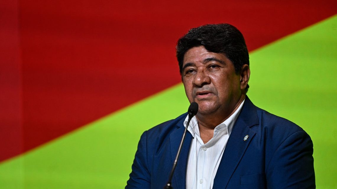 Brazil's Football Confederation president Ednaldo Rodrigues delivers a speech during a press conference in Rio de Janeiro, Brazil on May 10, 2024. A court in Rio de Janeiro ordered on May 15, 2025, the dismissal of Brazilian football federation head Ednaldo Rodrigues, ruling that a signature error nullified his employment contract. 