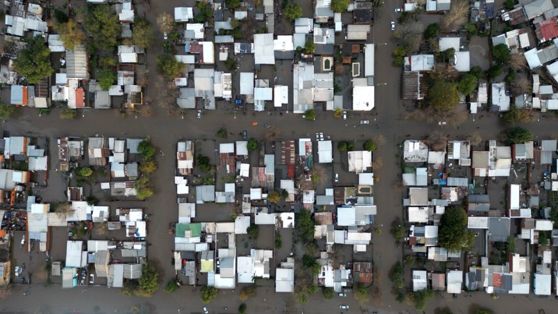 Aerial view of a flooded area in Zárate, Buenos Aires Province on May 17, 2025. 