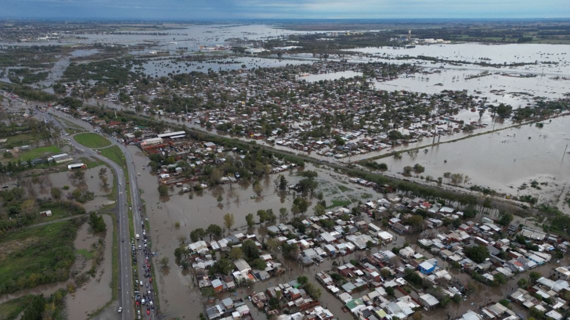 Aerial view of a flooded area in Zárate, Buenos Aires Province on May 17, 2025. 