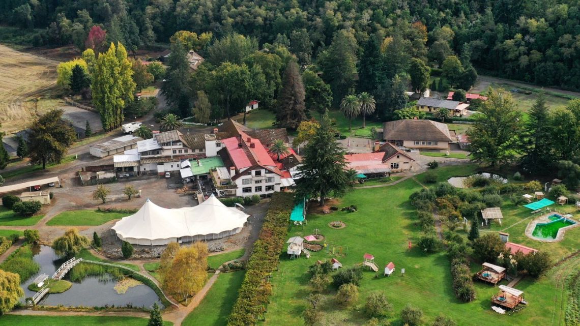 Aerial view shows Villa Baviera Village, formerly known as Colonia Dignidad, now called Villa Baviera, near Parral, Maule Province, Chile on April 15, 2025. 