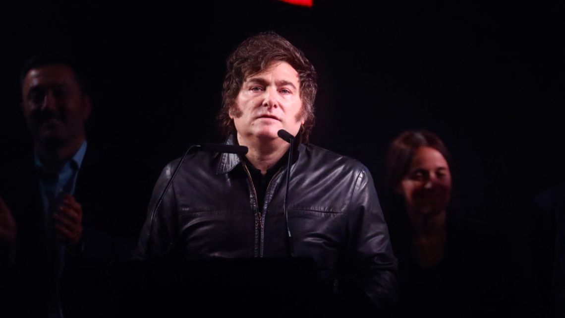 President Javier Milei delivers a speech during the Presidency Spokesman and legislative candidate Manuel Adorni's closing campaign rally in Buenos Aires on May 14, 2025. Buenos Aires City will hold legislative elections on May 18. 