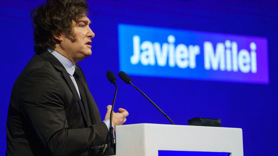President Javier Milei appears at the AmCham Summit in Buenos Aires.