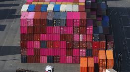 Stacked shipping containers at Hamburg Port.