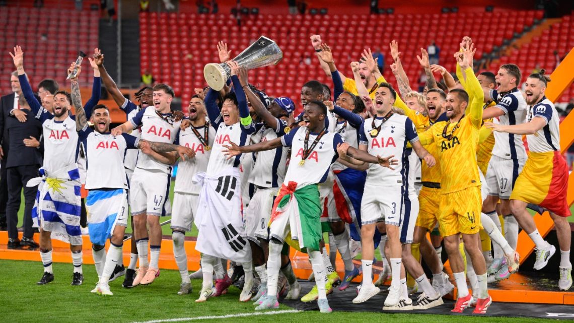 Argentina defender Cristian 'Cuti' Romero celebrates winning the Europa League title with his Tottenham Hotspur teammates.