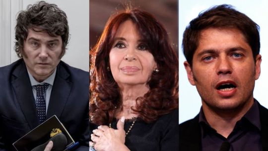 Javier Milei, Cristina Kirchner y Axel Kicillof