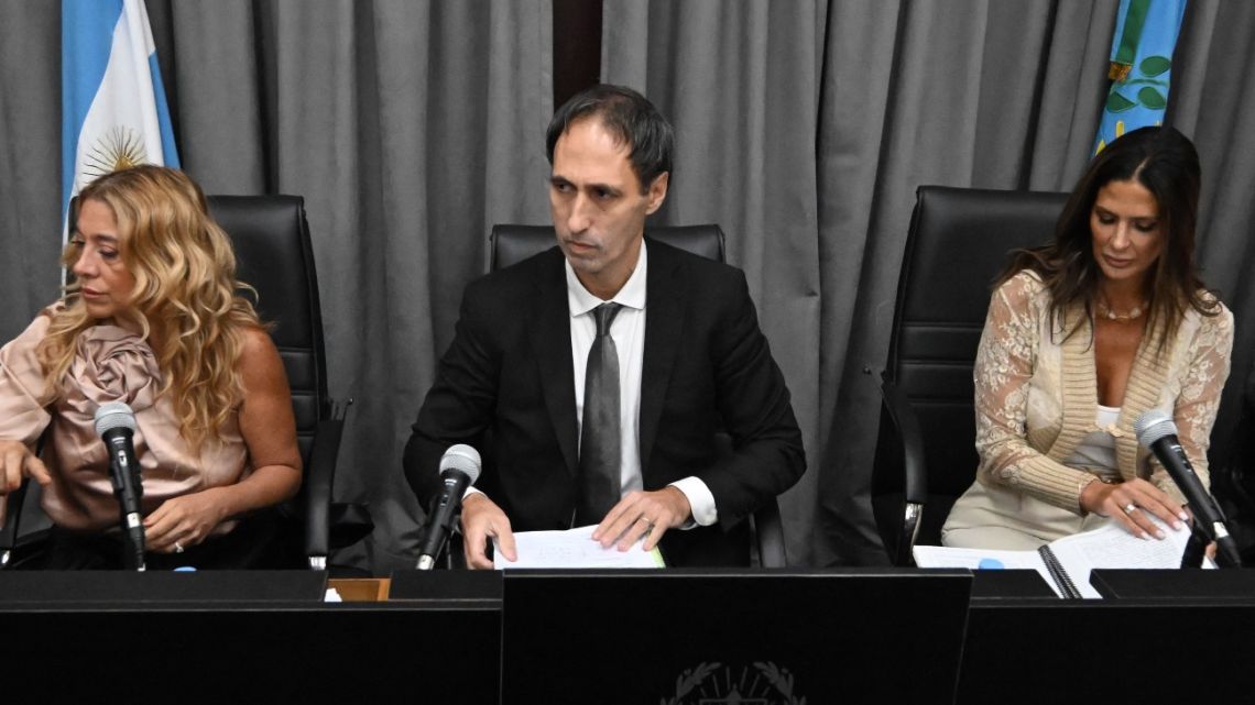 Judges Verónica Di Tommaso, Maximiliano Savarino and Julieta Makintach are seen during the trial for the death of late Argentine football legend Diego Maradona at the San Isidro court in San Isidro, Buenos Aires province, Argentina on March 11, 2025. 