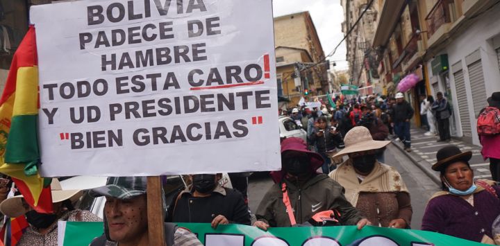 Personas sostienen pancartas durante una marcha en contra del presidente boliviano, Luis Arce, en La Paz, Bolivia.