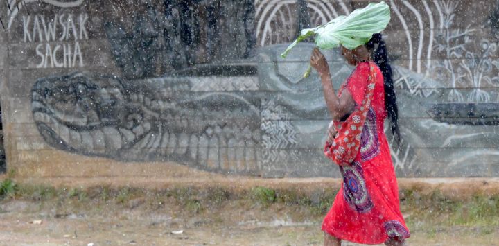 Una mujer del pueblo Kichwa de Sarayaku camina bajo la lluvia en Sarayaku, en la provincia amazónica de Pastaza, Ecuador.