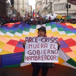 Personas sostienen una bandera wiphala y pancartas durante una marcha en contra del presidente boliviano, Luis Arce, en La Paz, Bolivia. | Foto:Xinhua/Javier Mamani