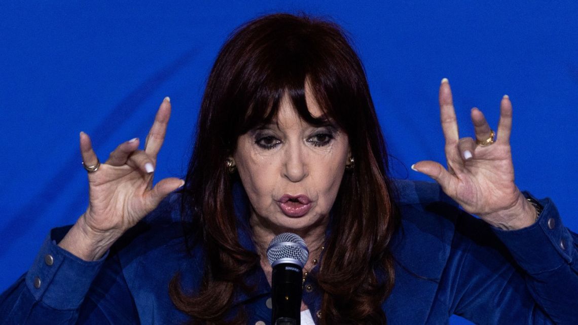 Cristina Fernández de Kirchner gives a speech on the 215th anniversary of the May Revolution that led to Argentina's independence from Spain at the Polo Cultural Saldias in Buenos Aires on May 25, 2025. 