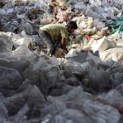 Un trabajador clasifica residuos plásticos reciclables en un almacén de Jalandhar. Foto de Shammi MEHRA / AFP | Foto:AFP