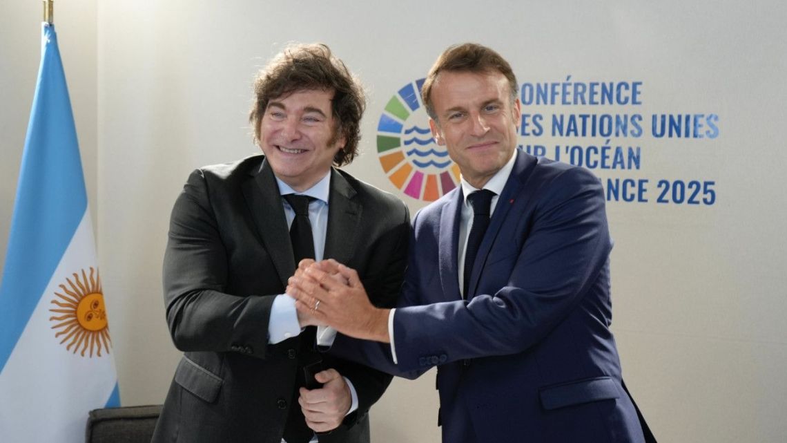 Javier Milei and Emmanuel Macron meet on the sidelines of the UN Oceans Conference 2025 in Nice, France.