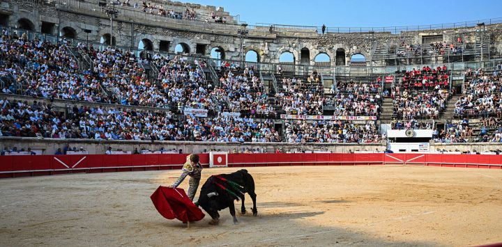 El matador español Borja Jiménez realiza un pase a un toro de lidia Victorino Martín durante la Feria de Pentecostés en Nimes, sur de Francia.