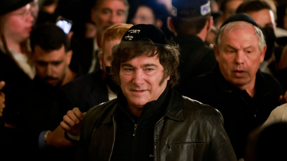 Argentina's President Javier Milei visits the Wailing Wall, or Western Wall, in the old city of Jerusalem on June 9, 2025. 