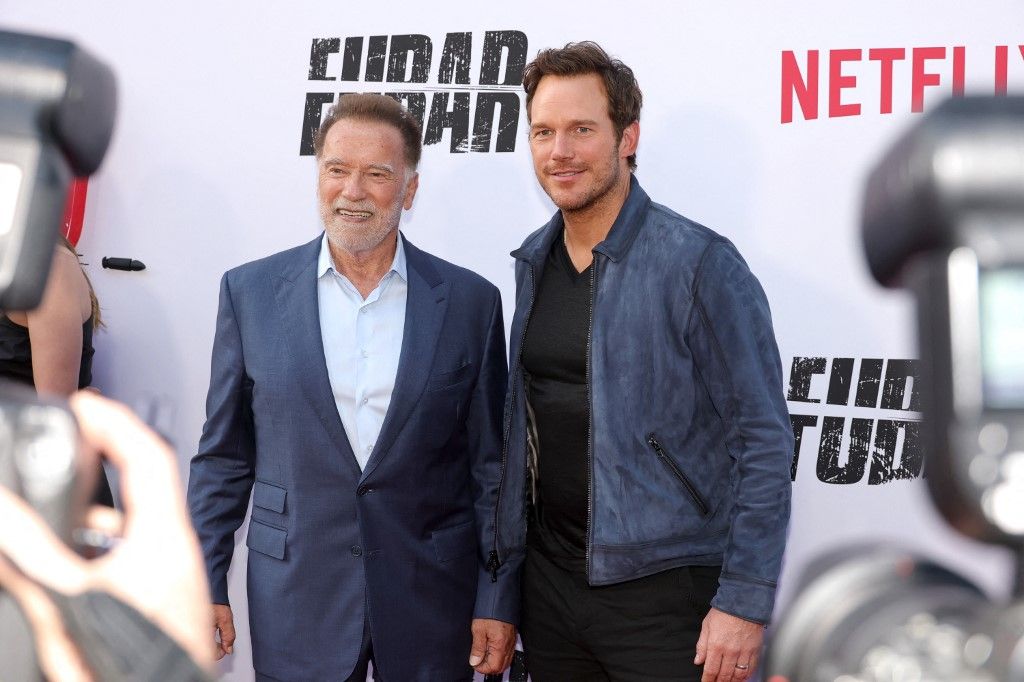 En el estreno de "Fubar", Arnold Schwarzenegger y su yerno Chris Pratt.