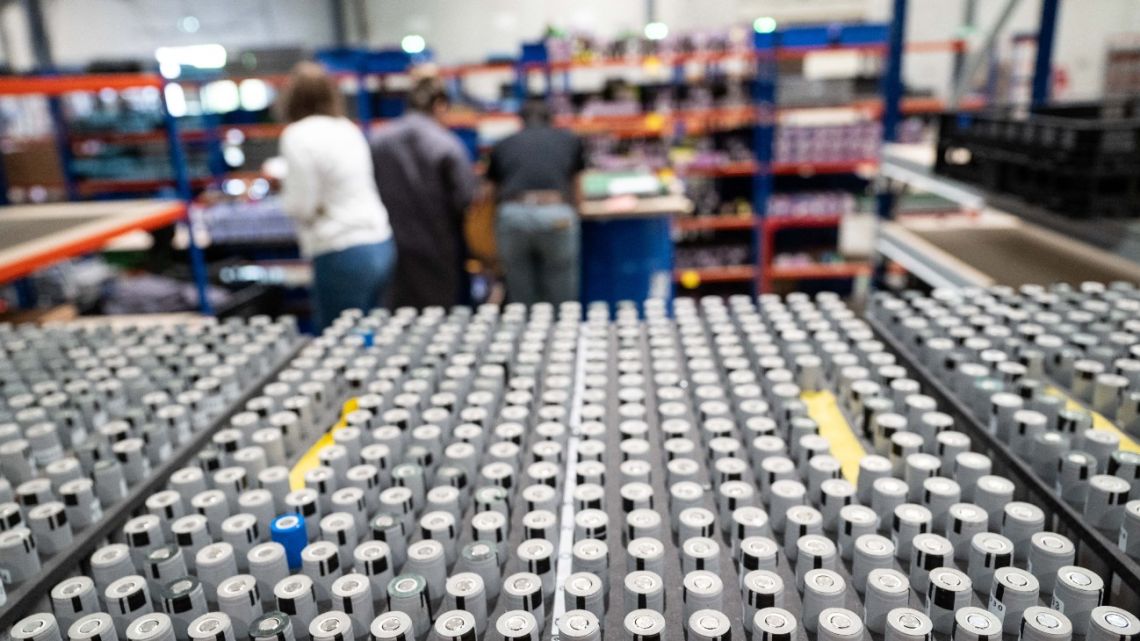 This photograph shows second life battery cells at the VoltR plant, French manufacturer of eco-designed lithium batteries, in Verrieres-en-Anjou, western France on June 10, 2025. 