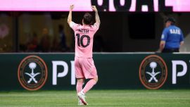 Lionel Messi of Inter Miami CF celebrates scoring his team's second goal during the FIFA Club World Cup 2025 group A match between Internacional CF Miami and FC Porto at Mercedes-Benz Stadium on June 19, 2025 in Atlanta, Georgia.