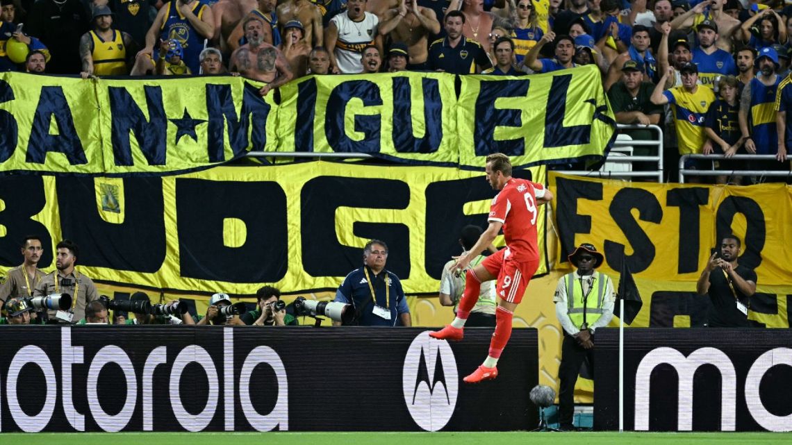 Bayern Munich's English forward Harry Kane celebrates scoring the opening goal during the FIFA Club World Cup 2025 Group C football match between Germany's Bayern Munich and Argentina's Boca Juniors at the Hard Rock stadium in Miami on June 20, 2025. 