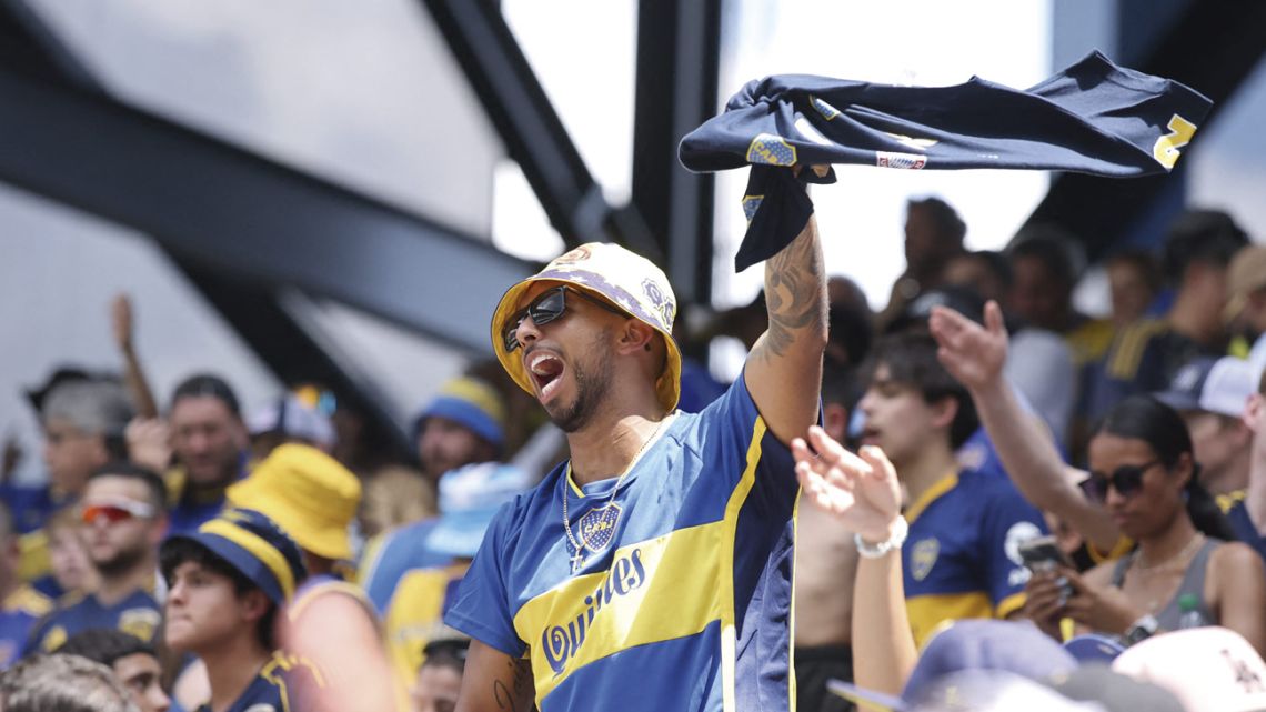 A Boca Juniors fan cheers for his team at the FIFA Club World Cup.