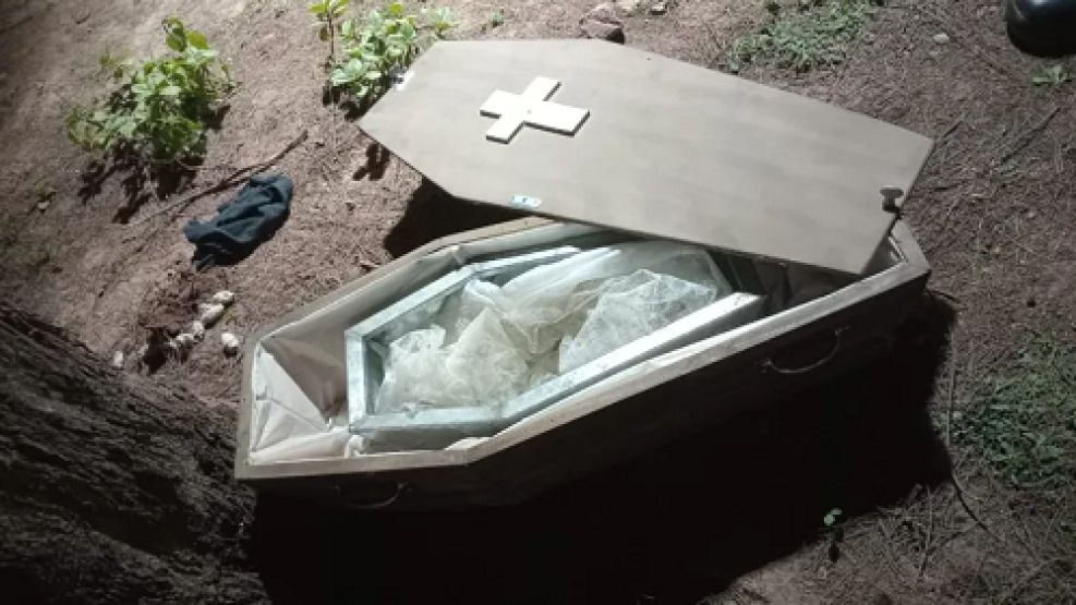 Ataúd de pequeño tamaño abandonado bajo un árbol,