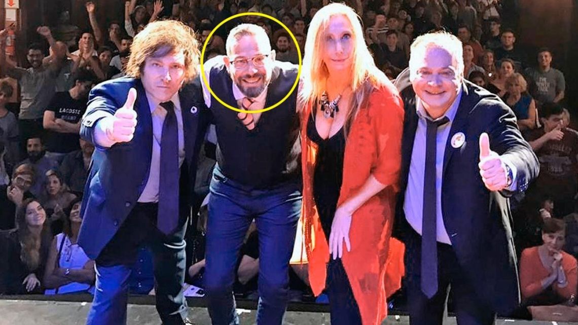 Diego Sucalesca (circled) appears onstage with President Javier Milei and Presidential Chief-of-Staff Karina Milei.