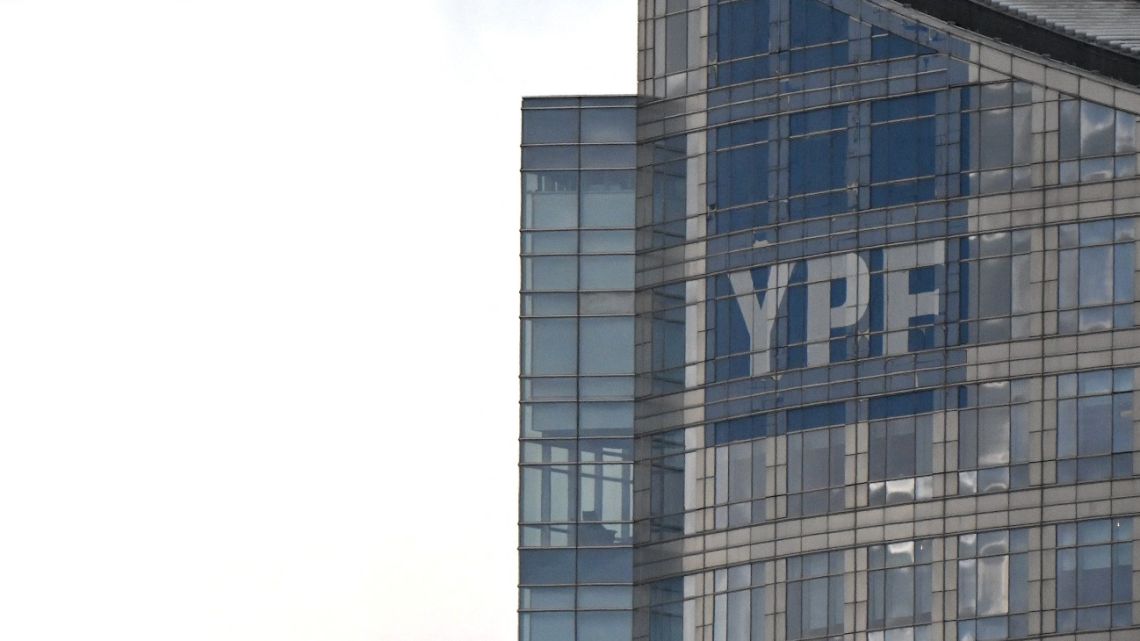 The logo of the national oil company YPF is seen on the company's headquarters in Buenos Aires on June 30, 2025. 
