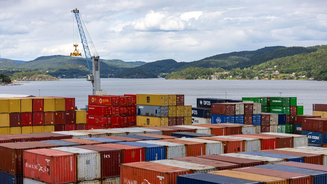 Shipping containers at the Greenland Terminal in the port at Brevik, Norway.
