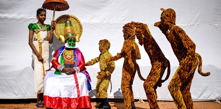Una bailarina clásica de Kathakali, observa a los artistas ensayar la danza folclórica tradicional Pulikkali (Danza del Tigre) mientras esperan entre bastidores antes de su actuación en un festival cultural en Chennai, India.