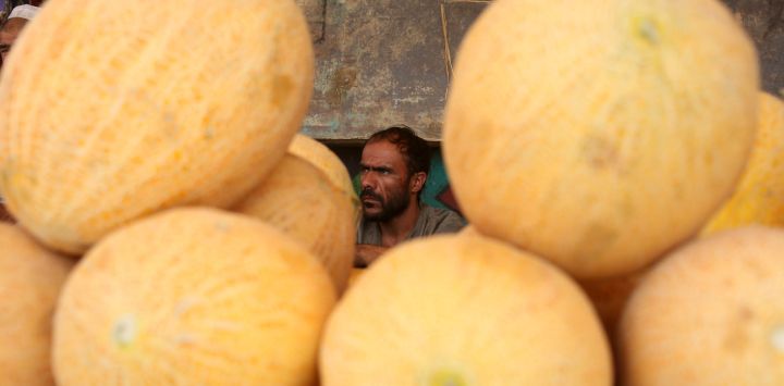 Un hombre vende melones en un mercado local, en Kabul, Afganistán. El melón es una de las frutas más famosas y ampliamente exportadas de Afganistán, cultivadas en varias provincias del país. El clima cálido y seco de Afganistán brinda las condiciones ideales para cosechar melones fragantes y dulces.