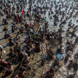 La gente usa redes para capturar unas dos toneladas de peces, liberados gratuitamente por trabajadores municipales durante el Memed Ikan, un festival anual tradicional de pesca que se celebra para agradecer a Dios la abundancia de peces, en el embalse de Gemblegan en Klaten, Java Central, Indonesia. | Foto:DEVI RAHMAN / AFP