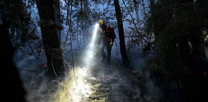 Un bombero trabaja para extinguir un incendio mientras se elevan columnas de humo en el bosque de Brocéliande, en Tréhorenteuc, oeste de Francia.