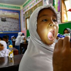 Un estudiante recibe un chequeo médico en una escuela primaria islámica en Banda Aceh, Indonesia. | Foto:CHAIDEER MAHYUDDIN / AFP