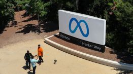 Visitors outside Meta's headquarters in Menlo Park, California, US.