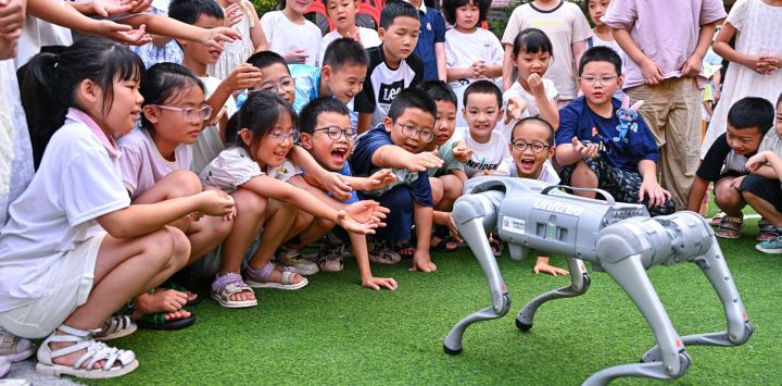 Imagen de niños interactuando con un perro robótico, en la ciudad de Meishan, en la provincia de Sichuan, en el suroeste de China. Niños participan en diversas actividades durante las vacaciones de verano en todo el país.