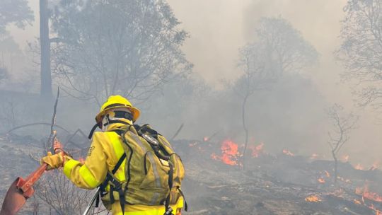 Incendio en Córdoba: buscan evitar que las llamas alcancen dos viviendas en Pampa Alta