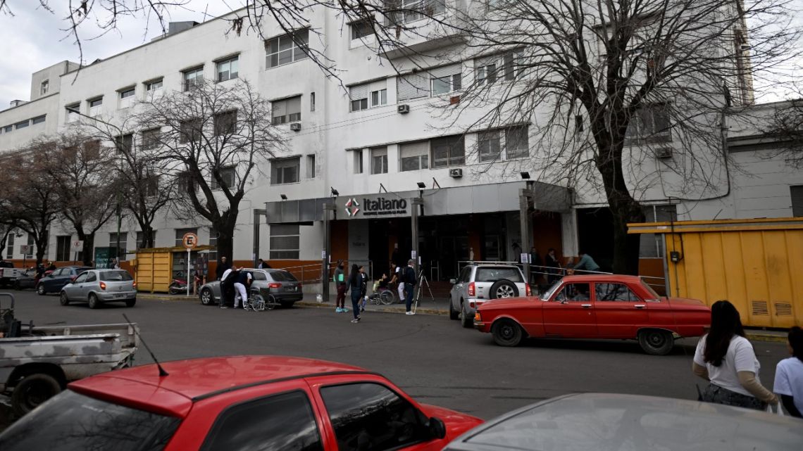 Façade of the Hospital Italiano during a protest by relatives of fentanyl contamination victims in La Plata, Argentina, on July 31, 2025, demanding justice. Argentine authorities are investigating deaths linked to contaminated fentanyl after the Italian Hospital detected bacteria in the opioid and alerted drug regulators, though the hospital says the patients were already in critical condition. Fifteen of the 54 victims were from La Plata. 