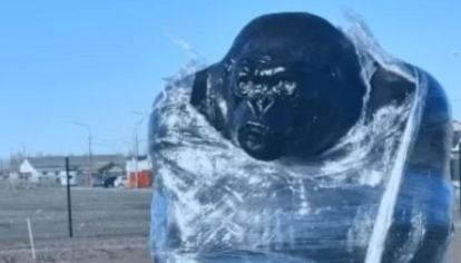 En Río Gallegos, Pablo Grasso inauguró la Plaza de los dinosaurios al que sumó la escultura de un simio. 
